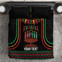 Black Kwanzaa bedding set with kinara candles and bold Your Text personalization