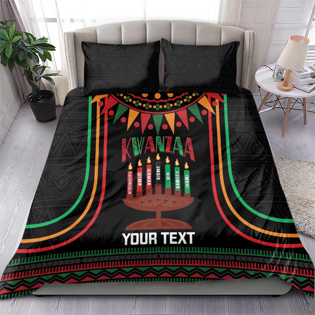 Black Kwanzaa duvet cover set with kinara candles, banner design, and Your Text