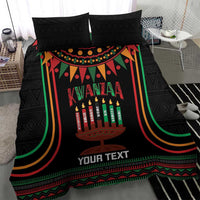 Black Kwanzaa bedding with kinara candles graphic, Your Text, and matching pillow shams