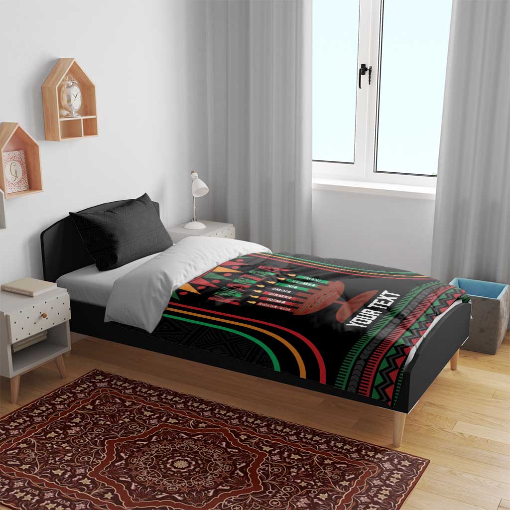 Black Kwanzaa duvet cover with kinara candles, Your Text, and patterned border