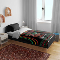 Black Kwanzaa duvet cover with kinara candles, Your Text, and patterned border
