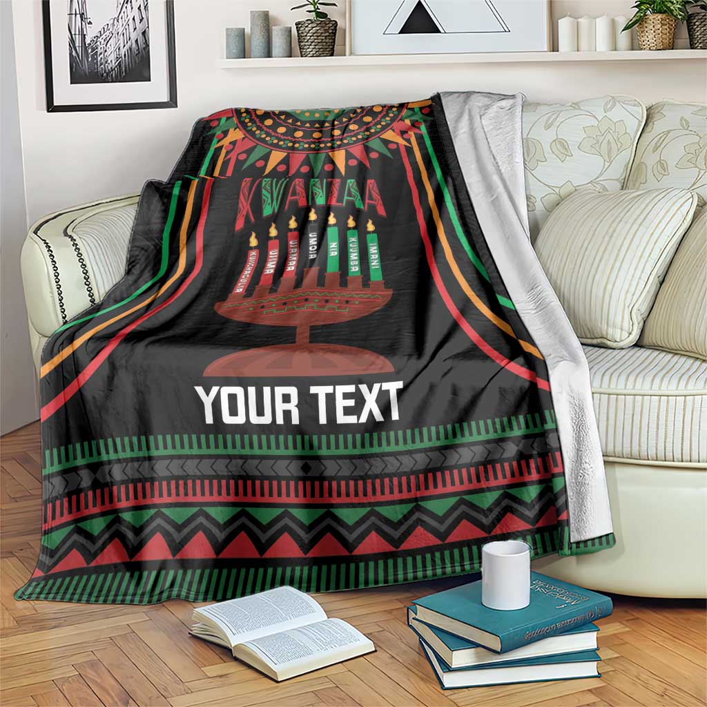 Black Kwanzaa kinara candle personalized blanket with multicolor arch and fringe border