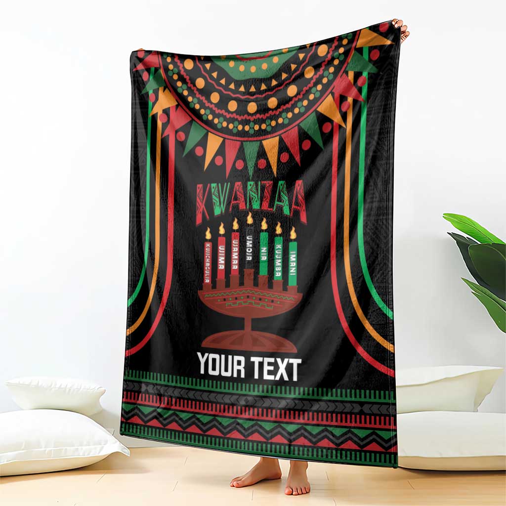 Black Kwanzaa kinara candle blanket with multicolor curtain stripes and centered kinara