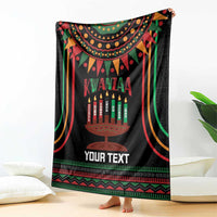 Black Kwanzaa kinara candle blanket with multicolor curtain stripes and centered kinara