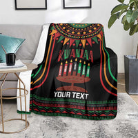 Black Kwanzaa kinara candle personalized blanket on floor with green red and gold pattern