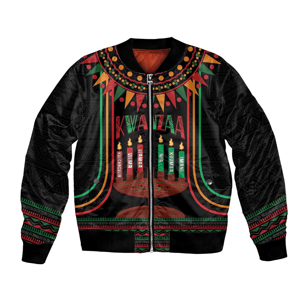 Black bomber jacket with kinara candles graphic, zip front, green-red striped trim