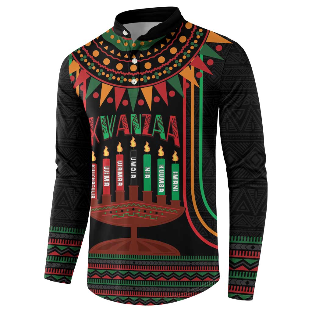 Black long-sleeve button sweatshirt, front kinara candle design in Kwanzaa colors