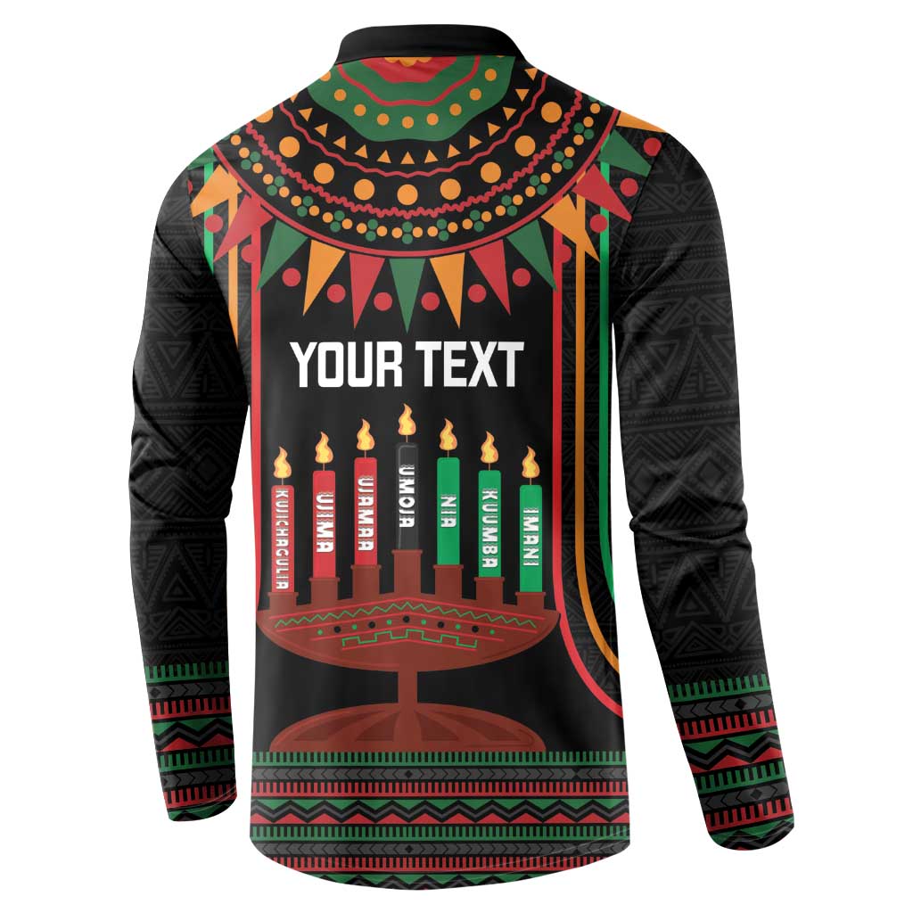 Black long-sleeve button sweatshirt with 'YOUR TEXT' Kwanzaa kinara candle graphic