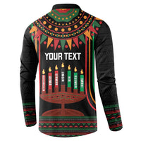 Black long-sleeve button sweatshirt with 'YOUR TEXT' Kwanzaa kinara candle graphic