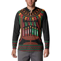 Black long-sleeve button sweatshirt with colorful Kwanzaa kinara candles and striped hem