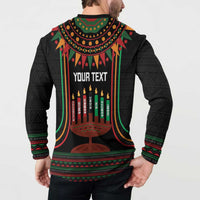 Black long-sleeve button sweatshirt, back 'YOUR TEXT' over Kwanzaa kinara candle scene