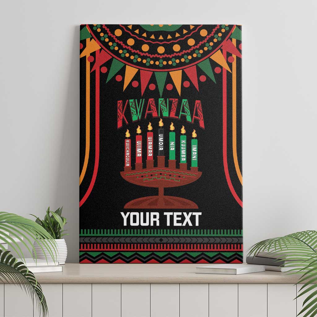 Framed canvas wall art featuring Kwanzaa kinara candles, “KWANZAA” title, and “Your Text”