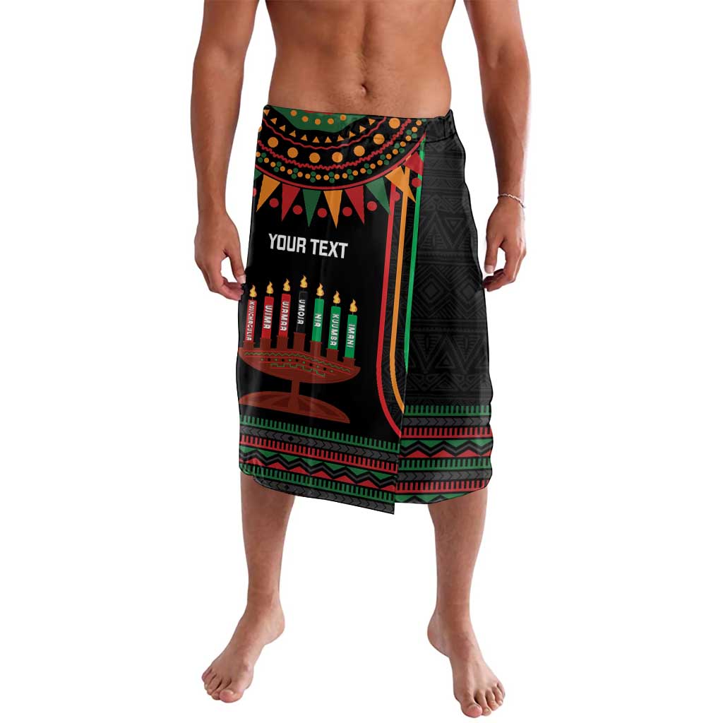 Black personalized lavalava with colorful candle-style panel and custom text print