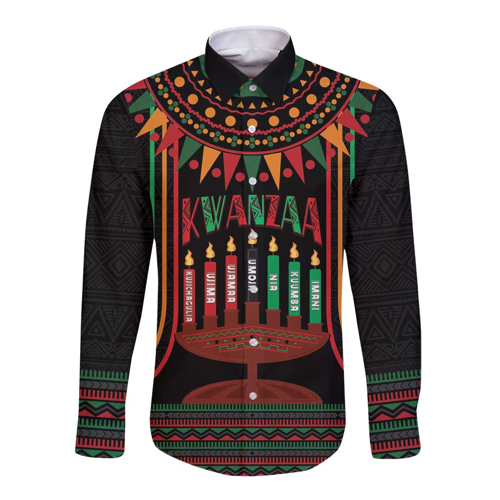 Black long-sleeve button-up shirt with colorful Kwanzaa kinara candle pattern