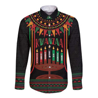 Black long-sleeve button-up shirt with colorful Kwanzaa kinara candle pattern