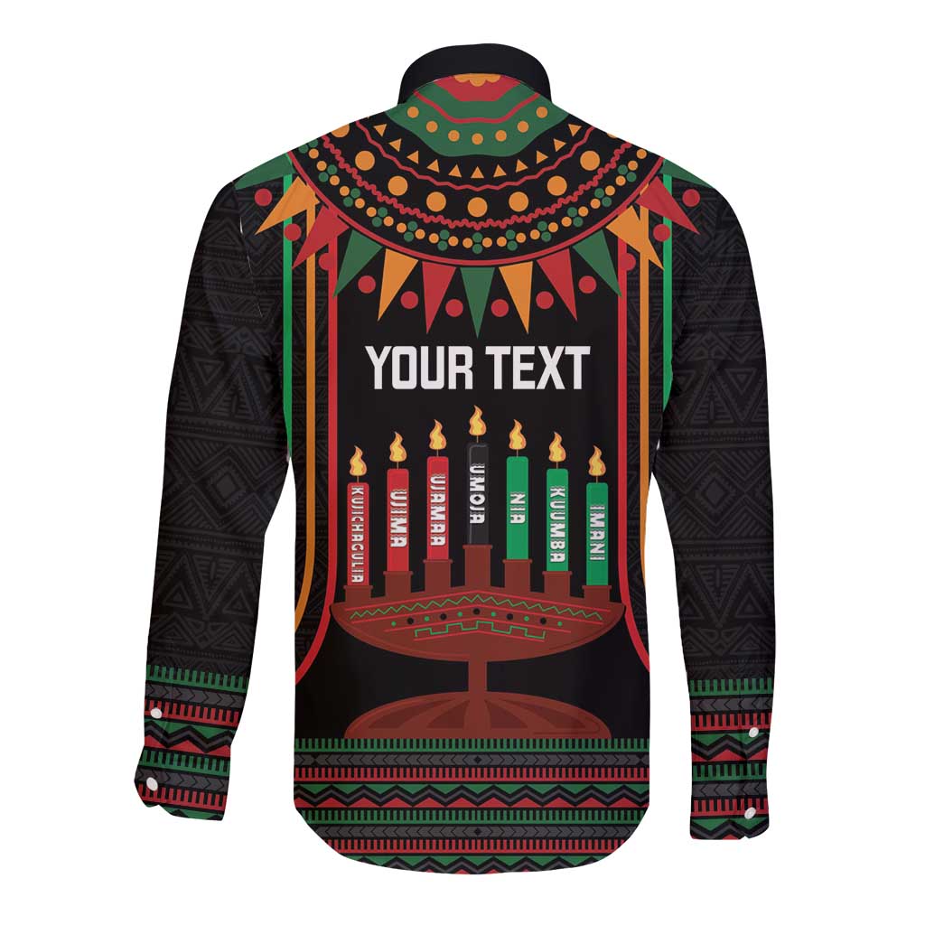 Black long-sleeve button-up shirt with Kwanzaa kinara and customizable 'YOUR TEXT'