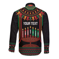 Black long-sleeve button-up shirt with Kwanzaa kinara and customizable 'YOUR TEXT'