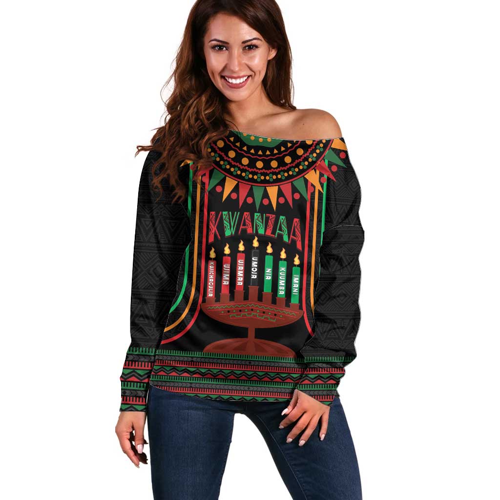 Personalized African-American Kwanzaa Off Shoulder Sweater Kinara Candles African Pattern - Wonder Print Shop