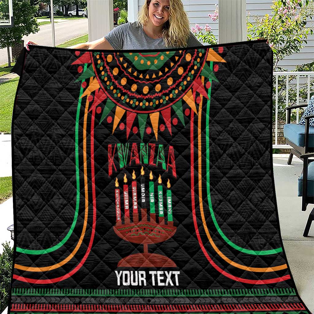 Black personalized Kwanzaa quilt blanket with candleholder graphic and bold multicolor stripes