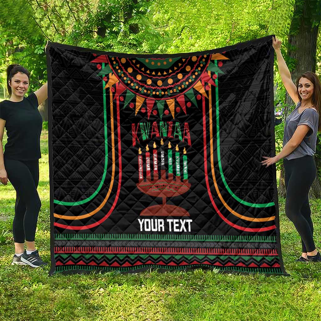 Black personalized Kwanzaa quilt blanket featuring candleholder design and multicolor border