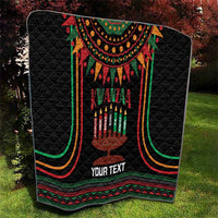 Black personalized Kwanzaa quilt blanket with candleholder motif, “YOUR TEXT” and stripes