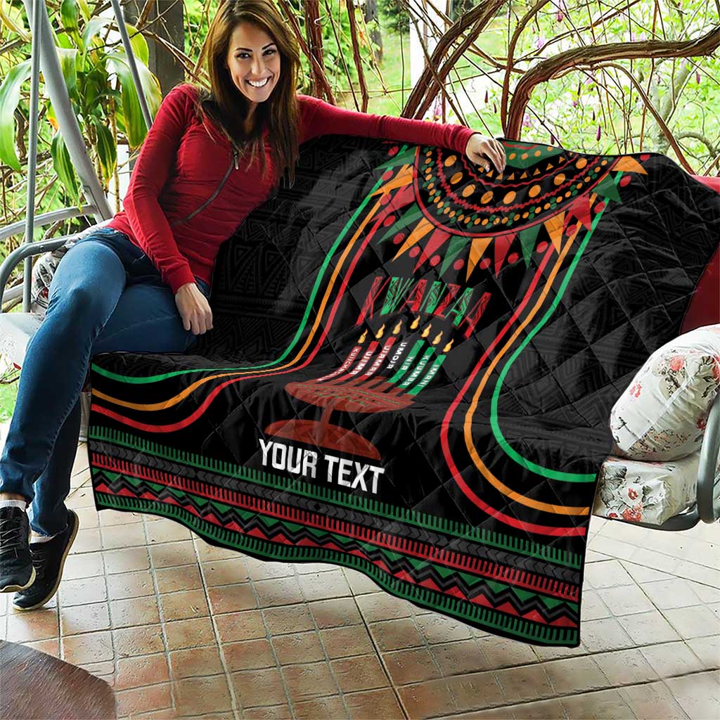 Black personalized Kwanzaa quilt blanket held up with candleholder design and “YOUR TEXT”