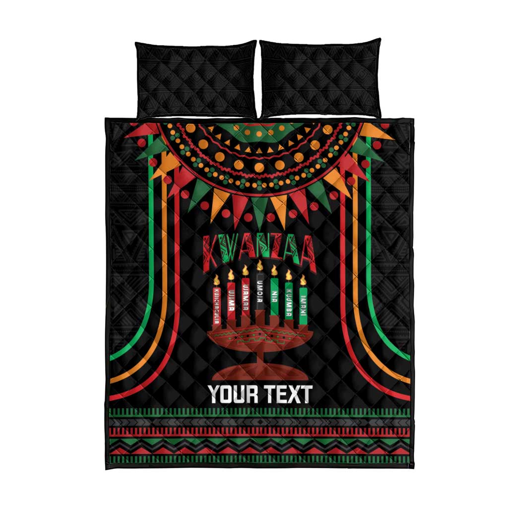 Black Kwanzaa quilt bed set with Kinara candle artwork, two pillowcases, “YOUR TEXT”