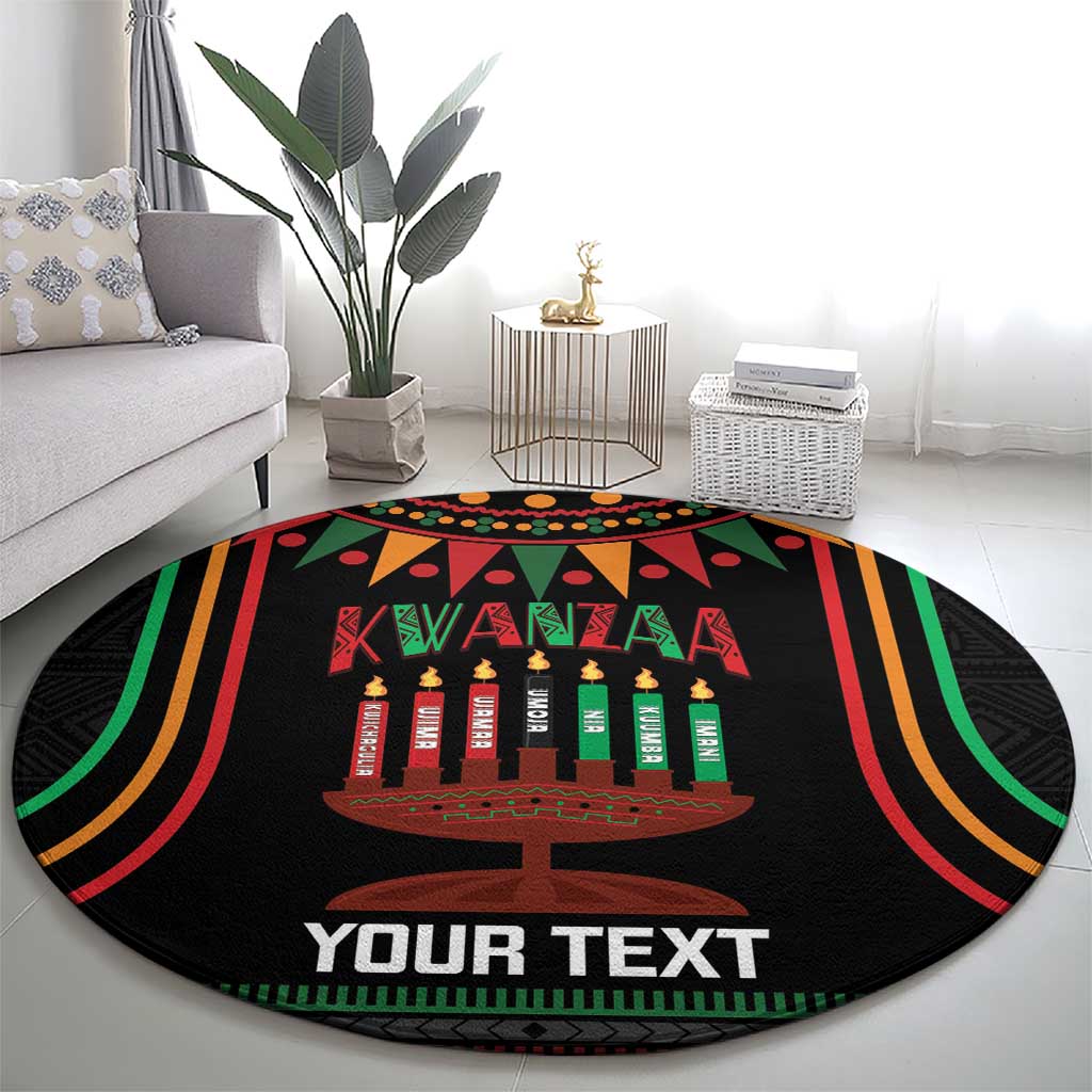 Round Kwanzaa carpet with candle graphic, 'KWANZAA' lettering, multicolor stripes, 'YOUR TEXT'