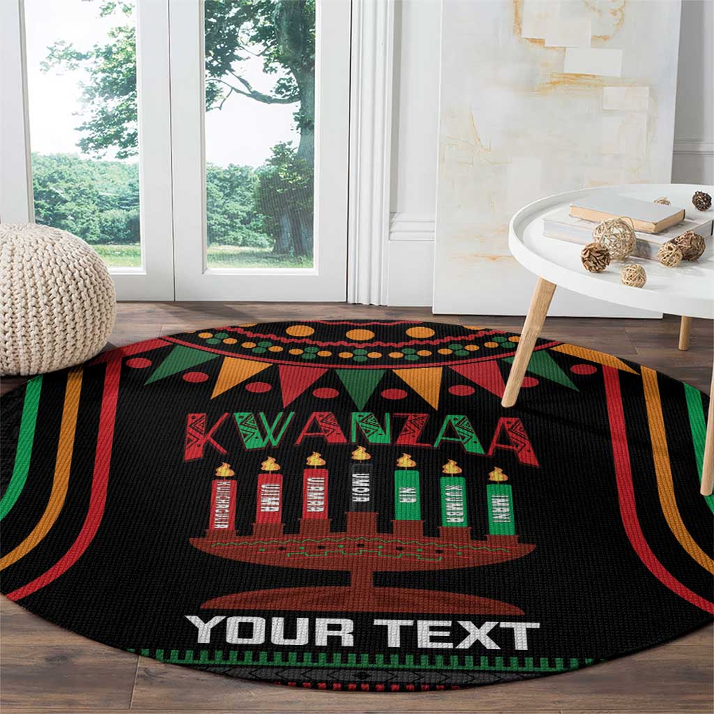 Black round Kwanzaa carpet with candle graphic, 'YOUR TEXT' and multicolor stripe border