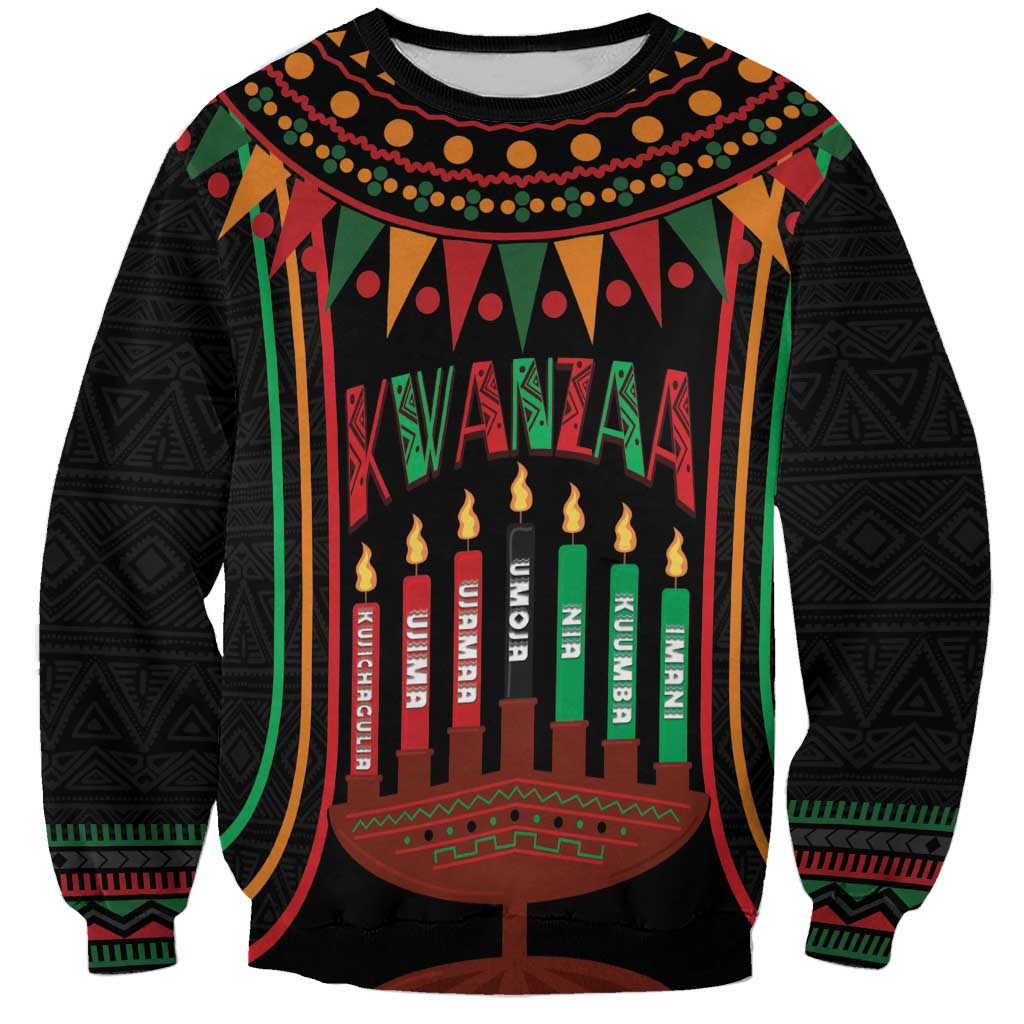 Black unisex sweatshirt with colorful kinara candle graphic and Kwanzaa pattern, long sleeves