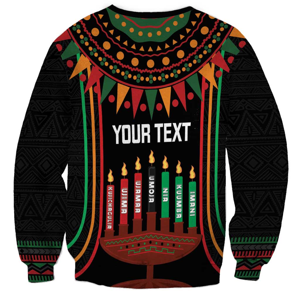 Black unisex sweatshirt with kinara candle graphic and 'YOUR TEXT' banner, colorful Kwanzaa design