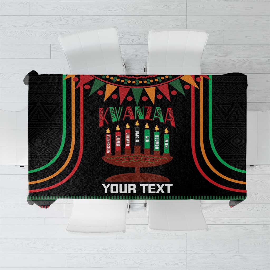 Black personalized Kwanzaa tablecloth with kinara pattern and custom text