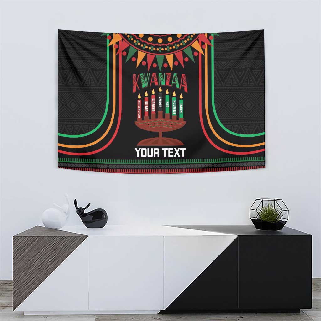 Black Kwanzaa tapestry showing a kinara candle holder and “YOUR TEXT” in the center.