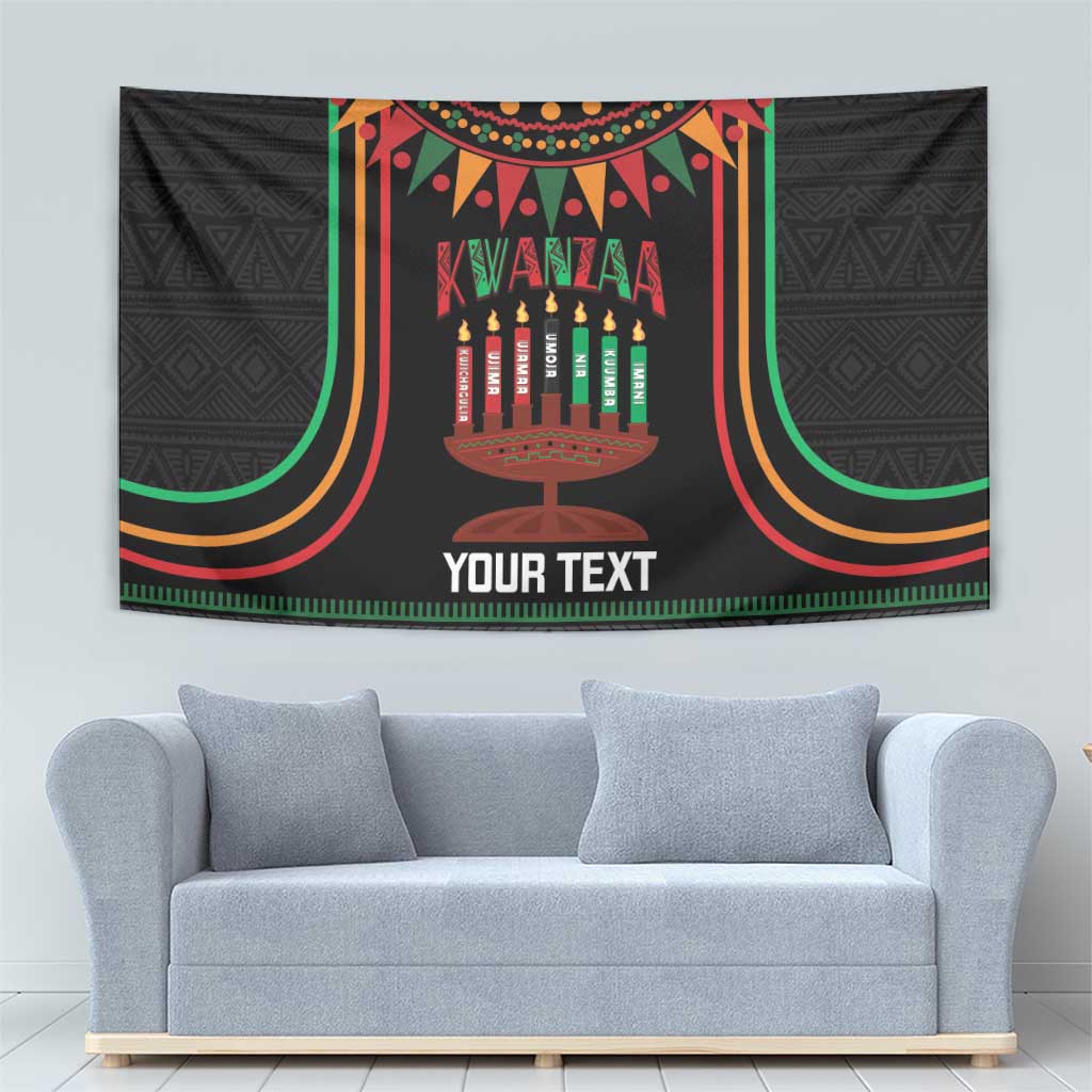 Black Kwanzaa tapestry featuring kinara candle artwork, “KWANZAA” top, and “YOUR TEXT”.
