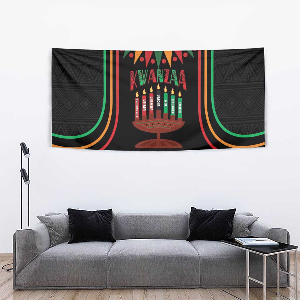 Black Kwanzaa wall tapestry with kinara candles, “YOUR TEXT” label, and decorative borders.