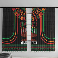 Kwanzaa window curtains, black with colorful kinara candle graphic and bold "YOUR TEXT".