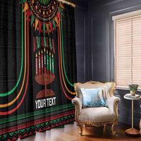 Kwanzaa window curtains in black, featuring colorful kinara candles and "YOUR TEXT" panel.