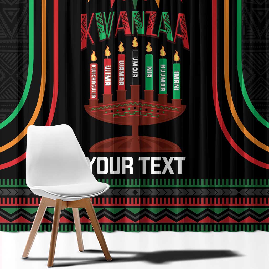 Kwanzaa curtain panel in black with colorful kinara candles and large "YOUR TEXT".