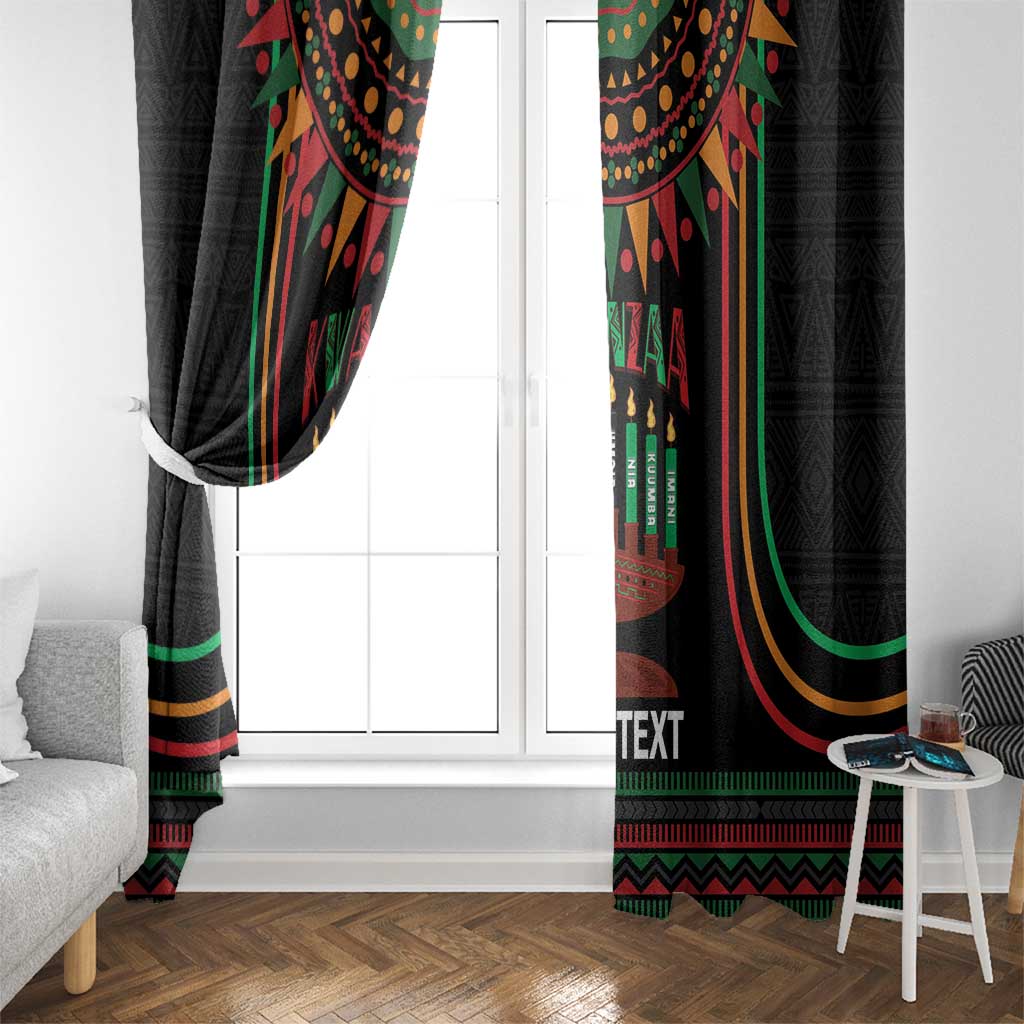 Black Kwanzaa window curtains framing a door, with colorful kinara candle artwork.