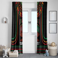 Black Kwanzaa curtains with colorful kinara candle pattern and "YOUR TEXT" strip.