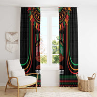 Black Kwanzaa window curtains with colorful kinara candle designs and "YOUR TEXT".