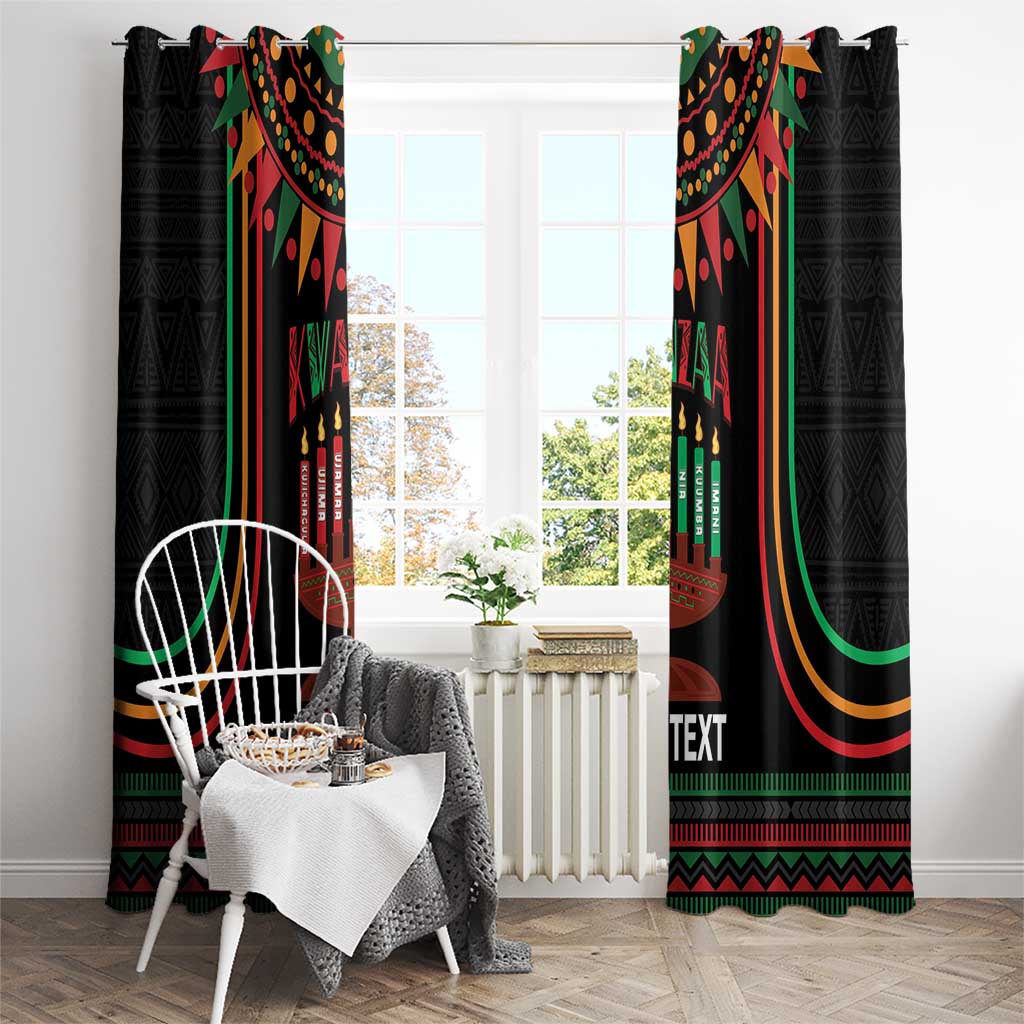 Kwanzaa curtains in black with colorful kinara candle artwork and "YOUR TEXT" center.
