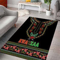 Rectangular black Kwanzaa area rug with green and red paisley borders and 'KWANZAA'