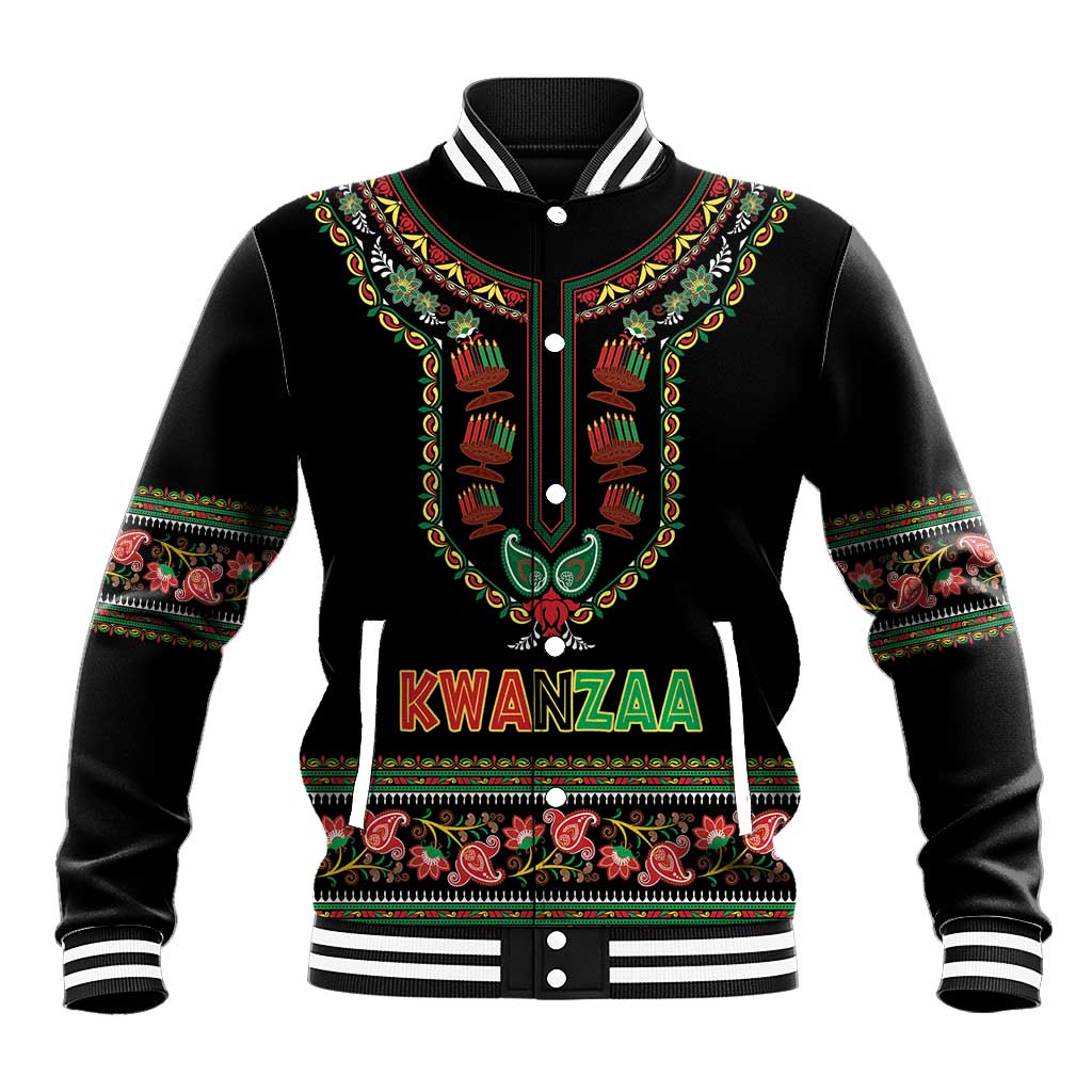 Black unisex baseball jacket with colorful dashiki-style Kwanzaa front graphic