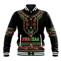 Black unisex baseball jacket with colorful dashiki-style Kwanzaa front graphic