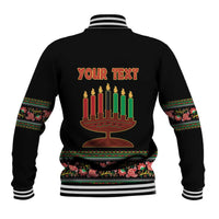 Black unisex baseball jacket with striped collar and colorful back menorah graphic, YOUR TEXT