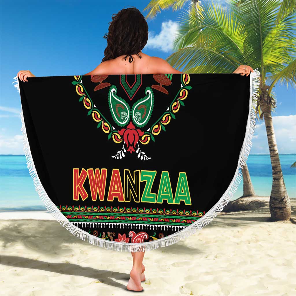 Round black Kwanzaa beach blanket with fringed edge, candle motif and “KWANZAA” banner