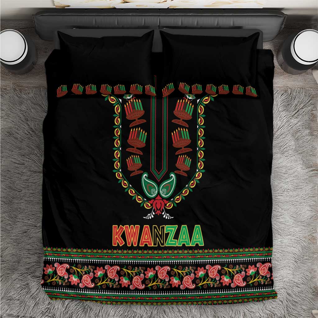 Black Kwanzaa bedding set with two pillows and colorful dashiki-style central symbol print