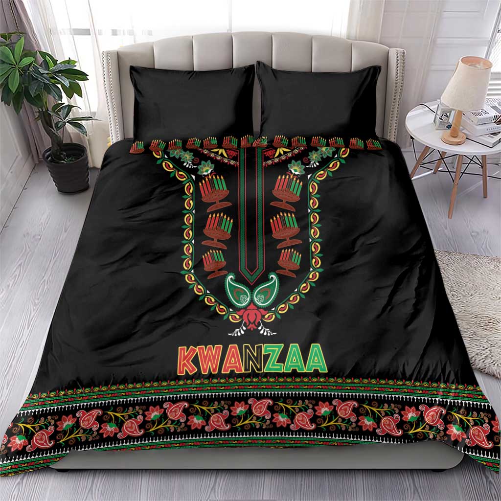 Black Kwanzaa duvet set with two matching pillows, bold colorful dashiki motif and trim border