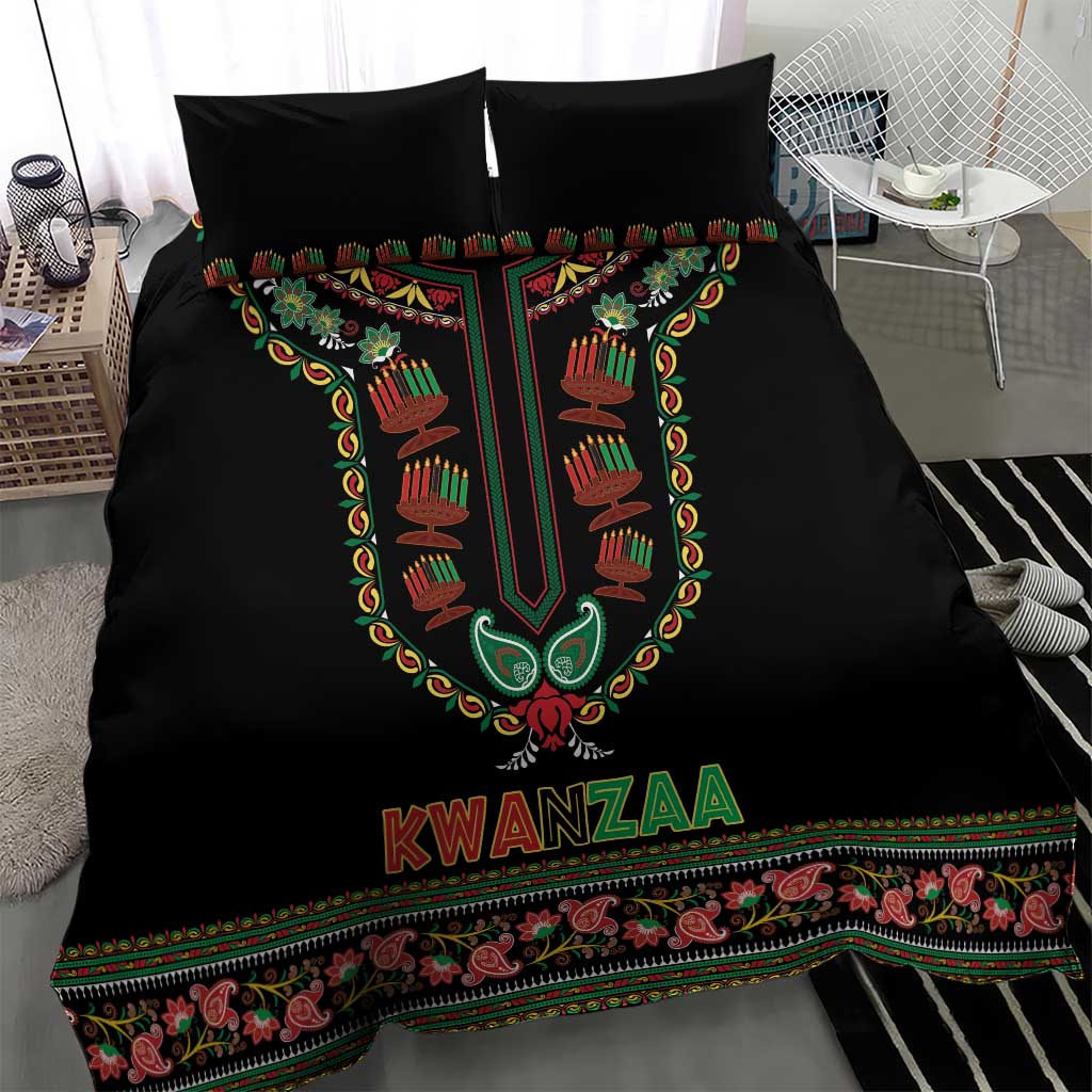 Black Kwanzaa bedding set with two pillows, central dashiki-style hands symbol and “KWANZAA” text